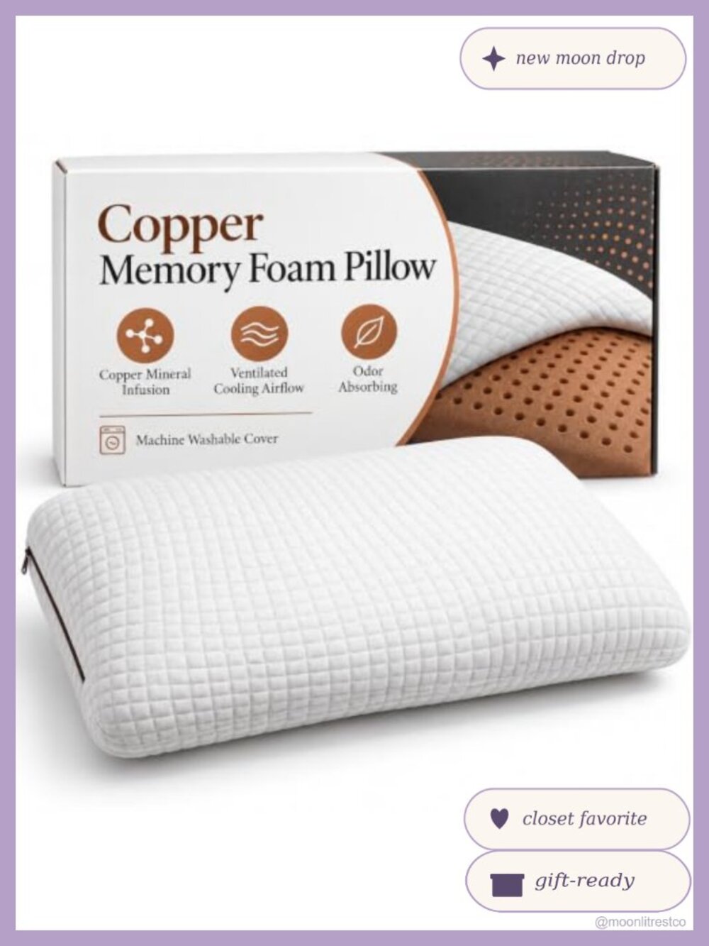 Copper Infused Memory Foam Pillow Queen Ventilated Cooling Washable Cover